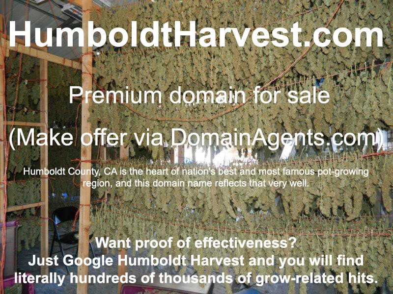HumboldtHarvest.com Premium domain for sale,
                      $2,500 (Make offer via DomainAgents.com) Humboldt
                      County, CA is the heart of nation's best and most
                      famous pot-growing region, and this domain name
                      reflects that very well. Want proof of
                      effectiveness? Just Google Humboldt Harvest and
                      you will find literally hundreds of thousands of
                      pot-related hits.